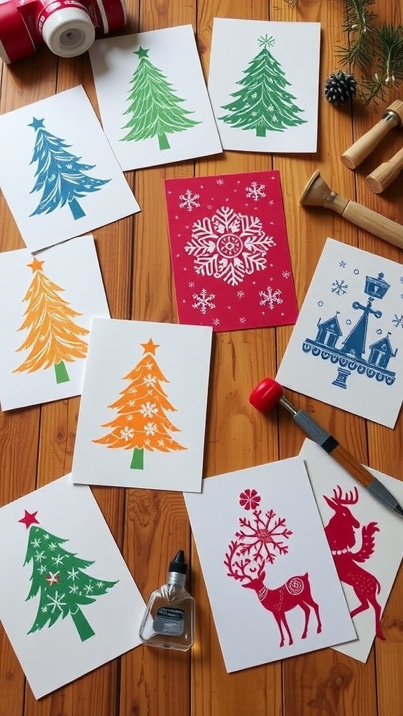 A variety of colorful Christmas cards with lino printed designs on a crafting table.